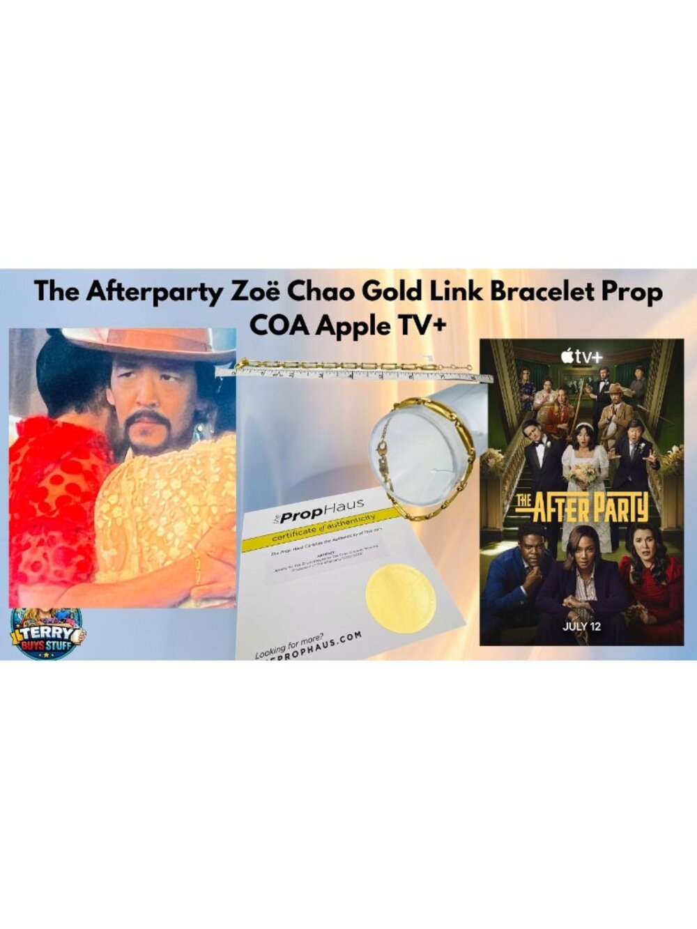 The Afterparty Zoë Chao Gold Link Bracelet Prop COA Apple TV+